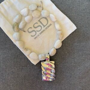 Simon Sebbag Quartz Stone Necklace with Sterling Silver Rectangle Pendant 16.5”